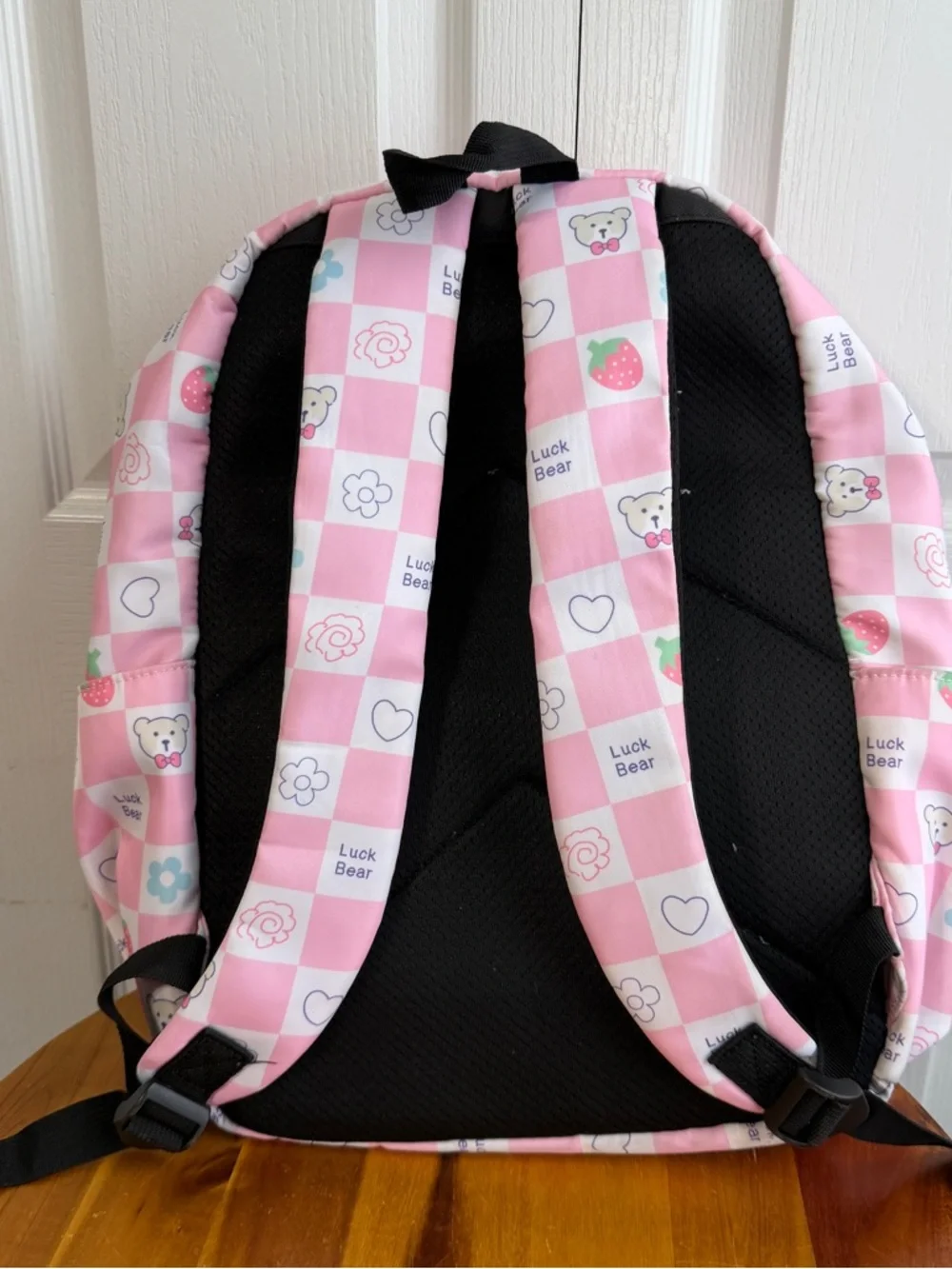 Luck Bear pink white check plaid backpack